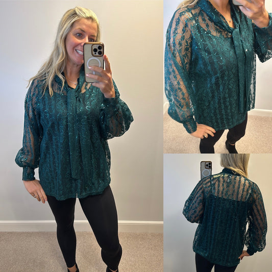 New collection Emerald green sequin sheer top one size would fit upto size 18 brand new with tags