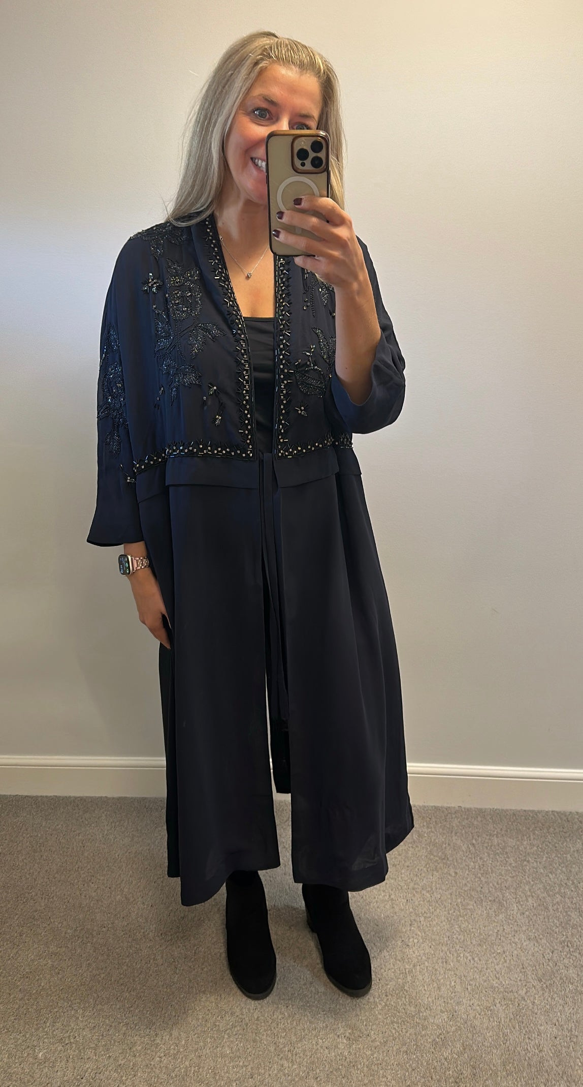 French Connection sheer navy embellished over coat size 12 (oversized would fit upto size 16)