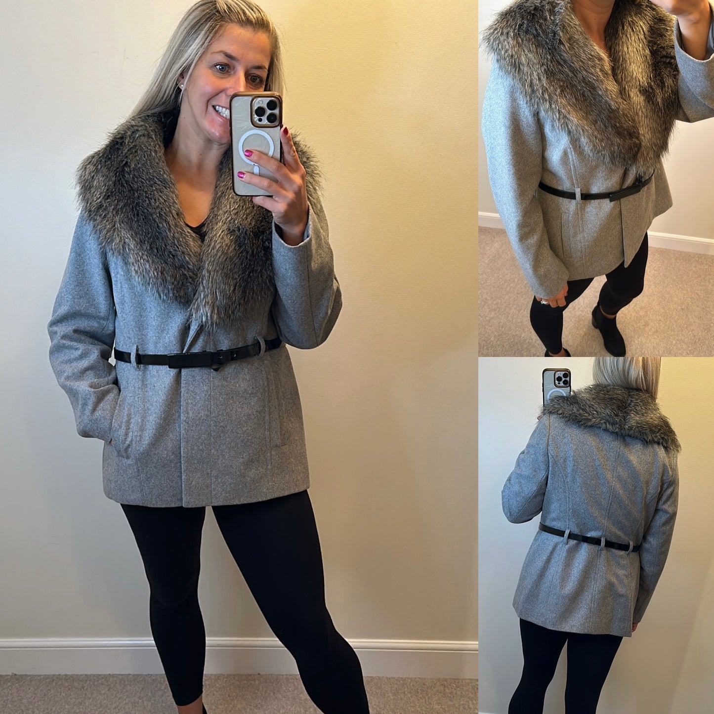 Portfolio grey faux fur removable collar size 16