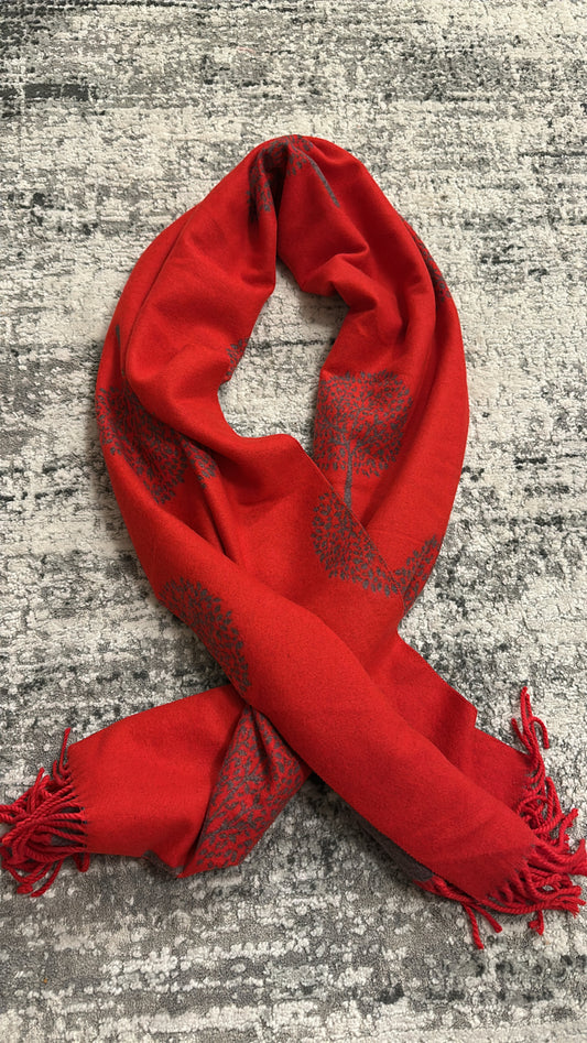 Red / grey wool reversible “tree of life” scarf