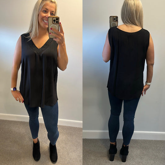 Wallis black beaded V neck vest top size 18