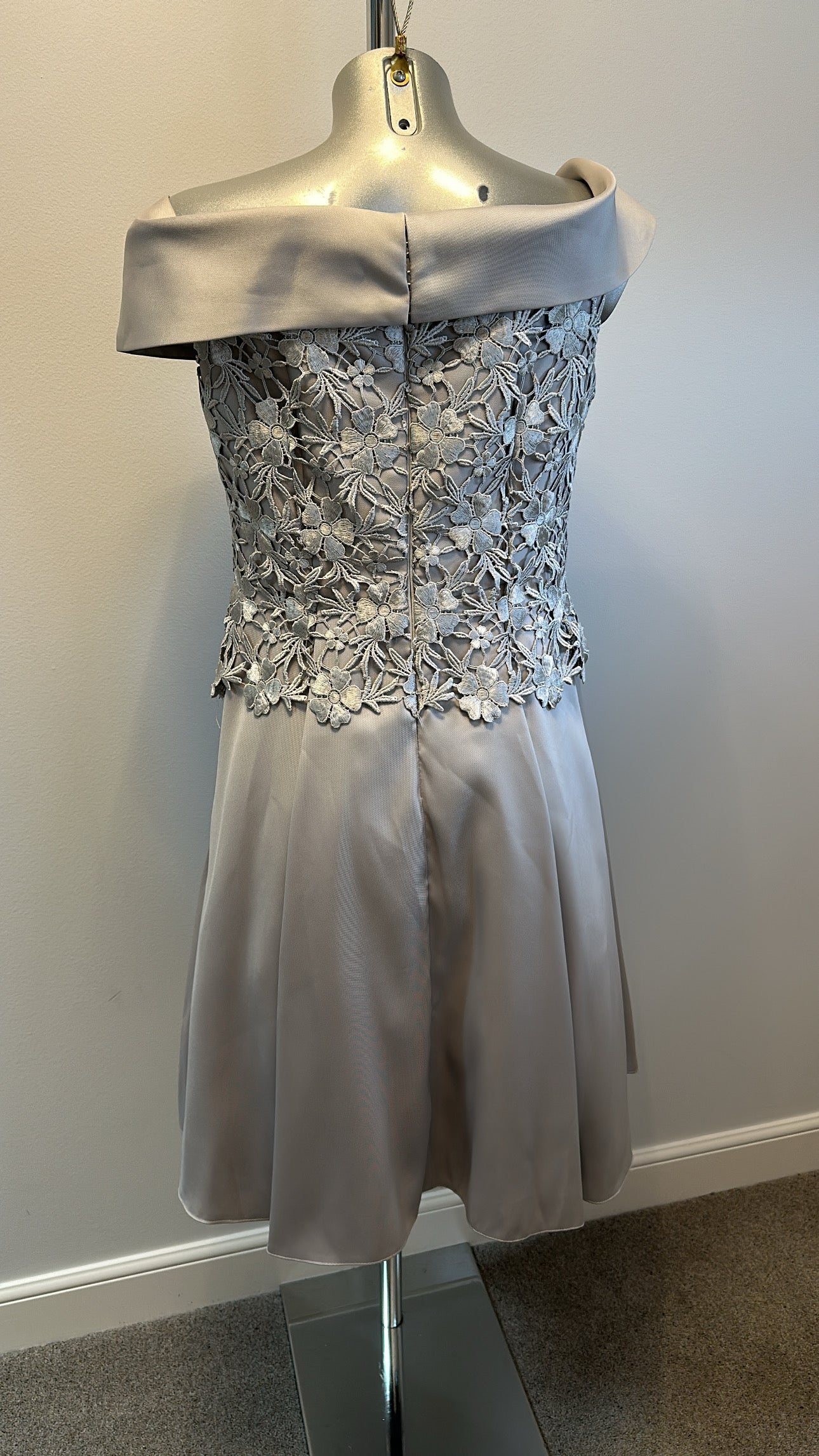 Sonia Pena silver grey lace occasional off shoulder dress