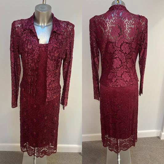 Phase eight burgundy lace beaded dress with jacket size 12
