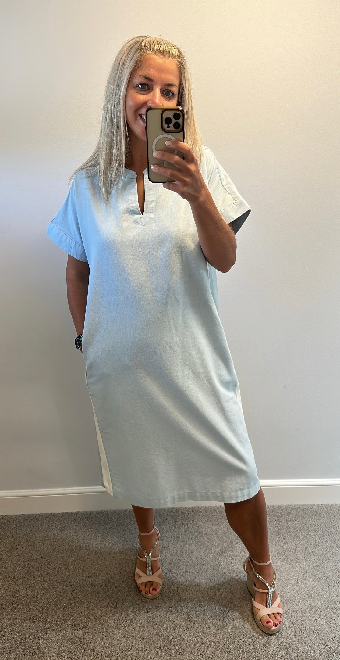 Alice Collins cotton / linen light blue midi dress with side stripe size 16
