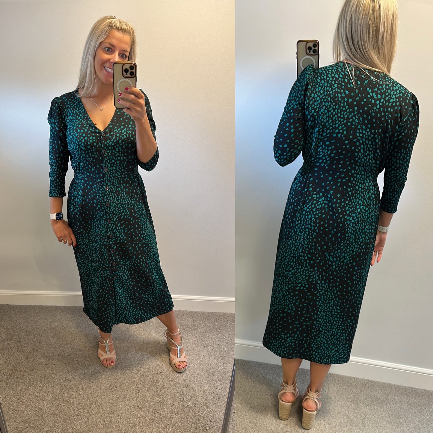 M&co black and green print dress size 14