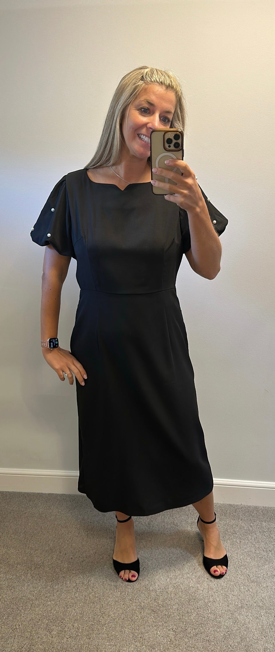 Black midi dress with pearl sleeves size 16