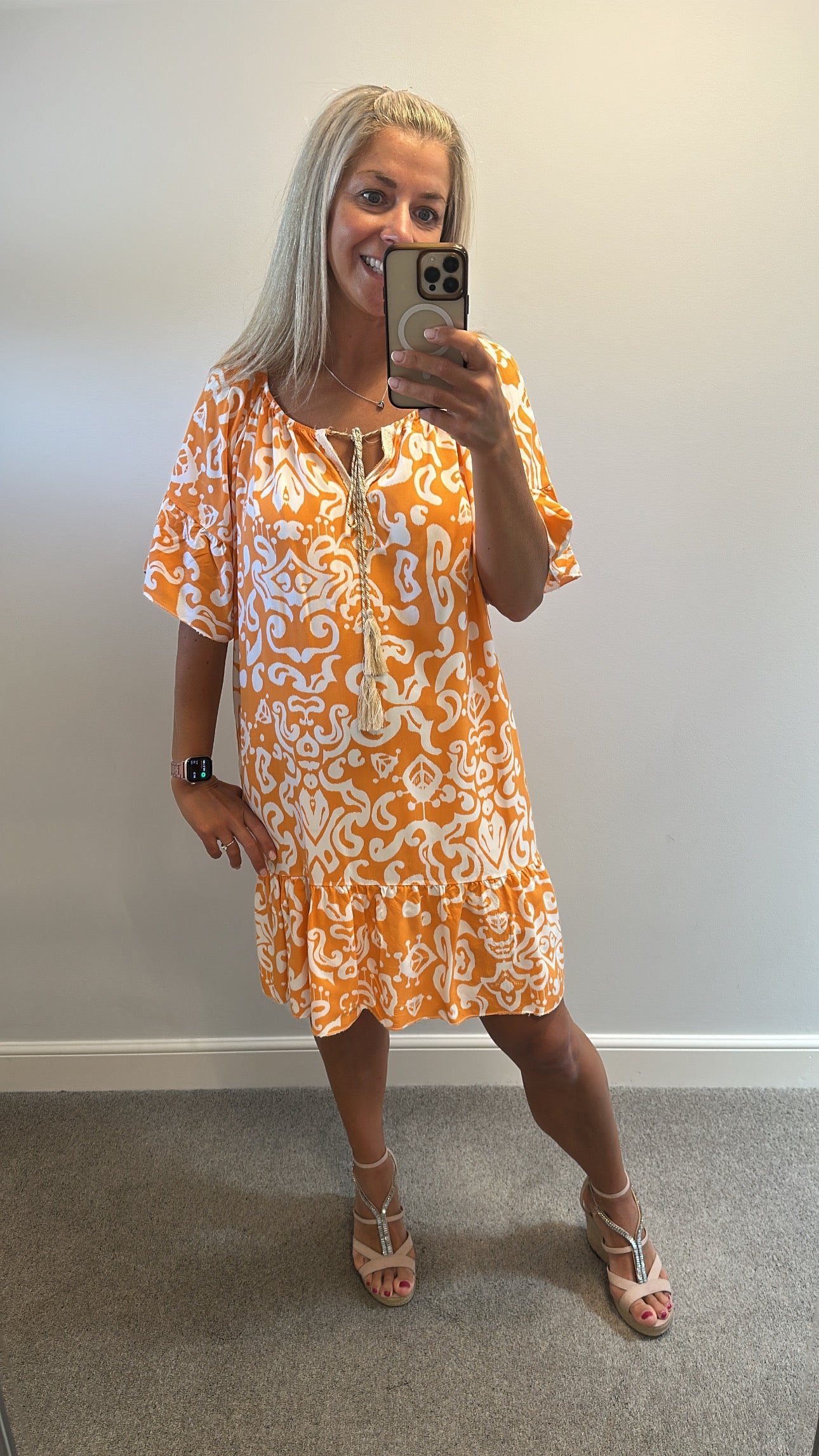 Spanish boutique Orange and white print summer dress one size fitting upto size 16