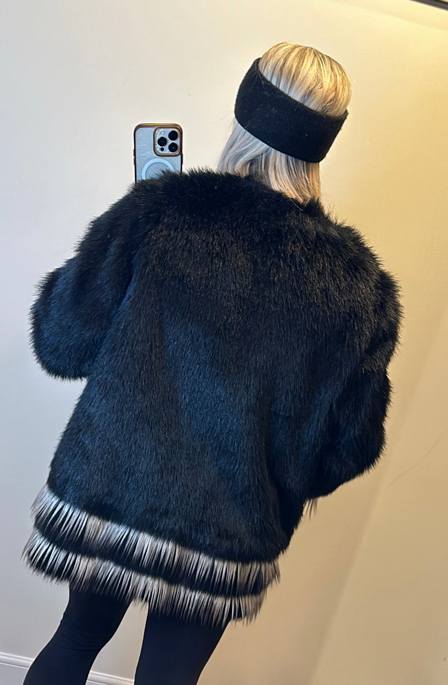 Limited edition black faux fur coat with pockets size 18