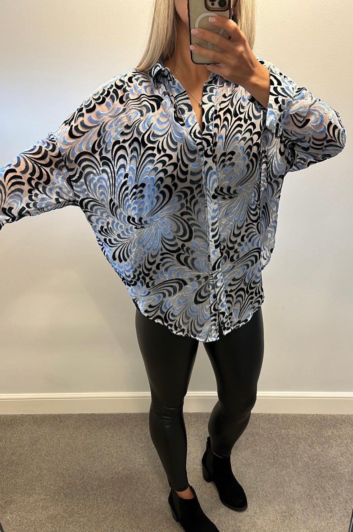 French connection blue velvet shirt size M (oversized would fit upto size 20)