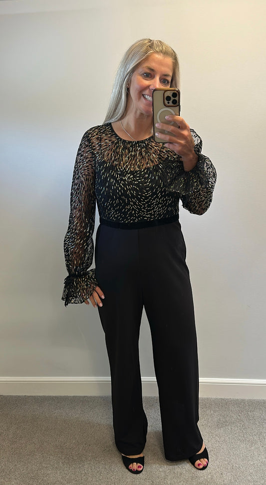 Adrianna Papell Glitter Velvet Band Black Gold Jumpsuit Size 12 UK RRP £245