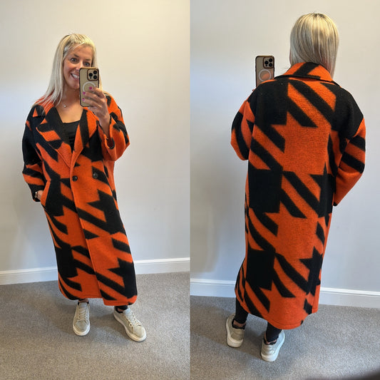 Orange/ black print coatigan one size