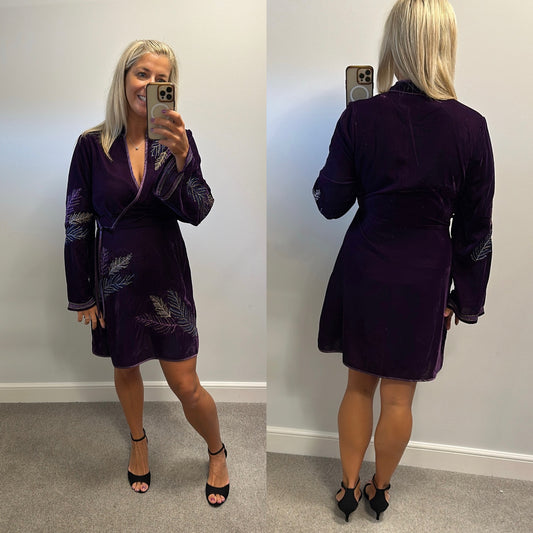 Monsoon purple velvet embroidered beaded dress size 14