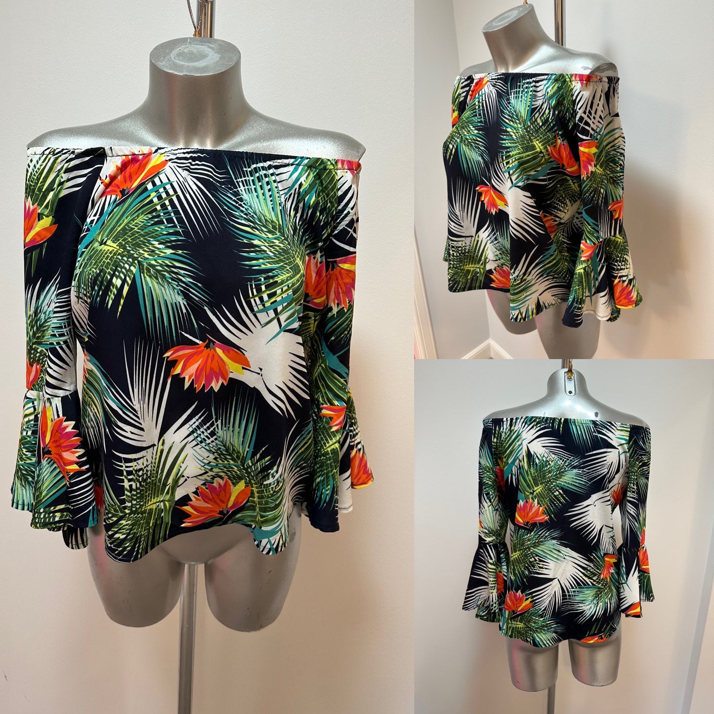 Stella Morgan navy floral print off shoulder top size 8