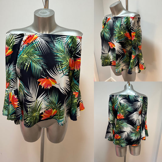 Stella Morgan navy floral print off shoulder top size 8