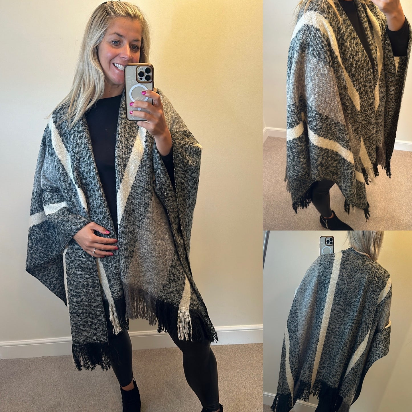 Grey / black poncho / scarf