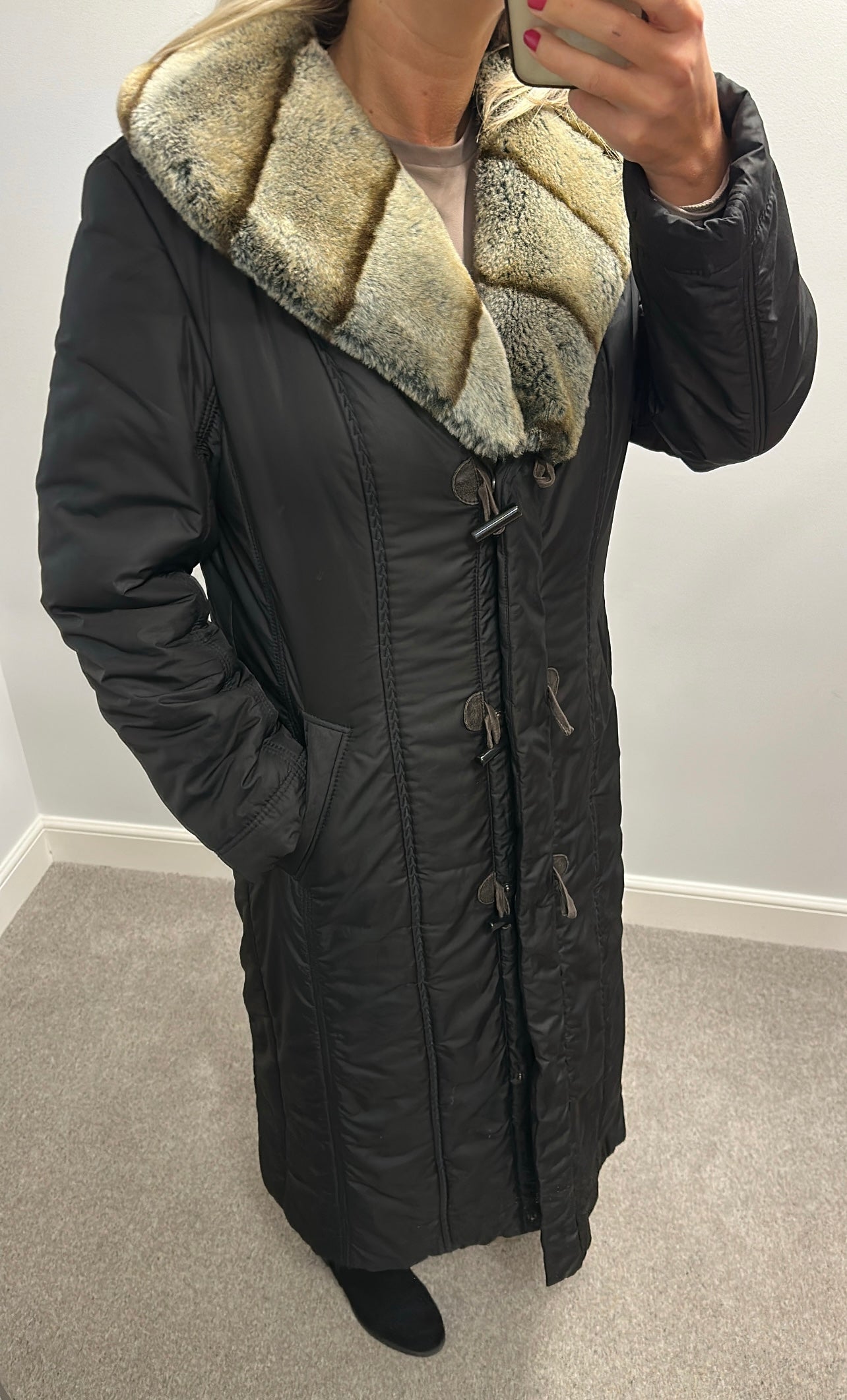 Frandsen black long jacket with removable faux fur collar would fit upto size 14