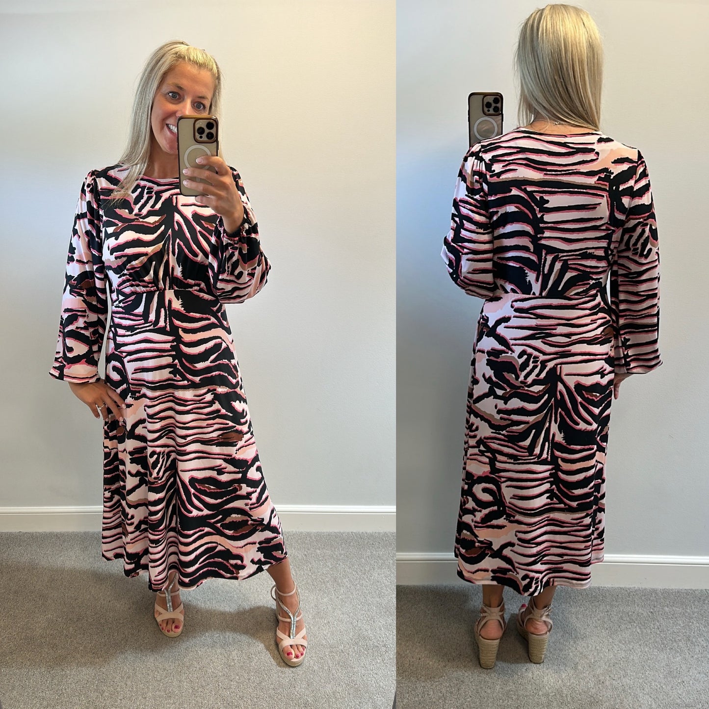 Et vous pink and black print midi dress size 16