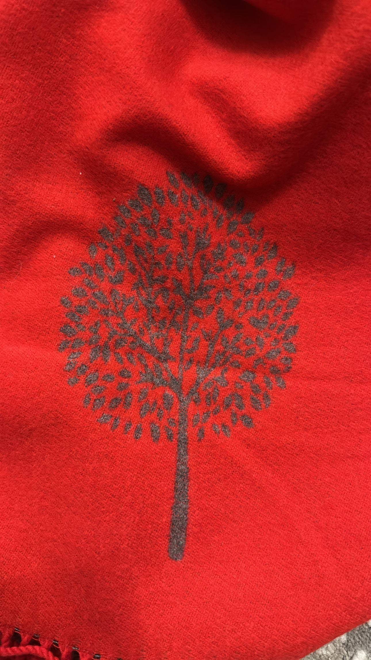 Red / grey wool reversible “tree of life” scarf