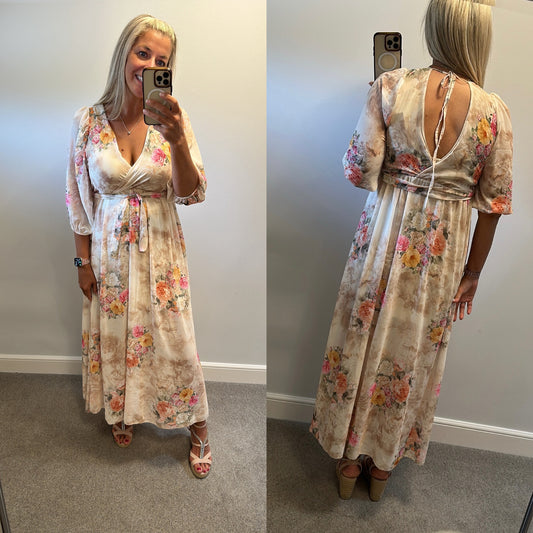 Luxtyle cream floral floaty dress would fit upto size 14 brand new with tags