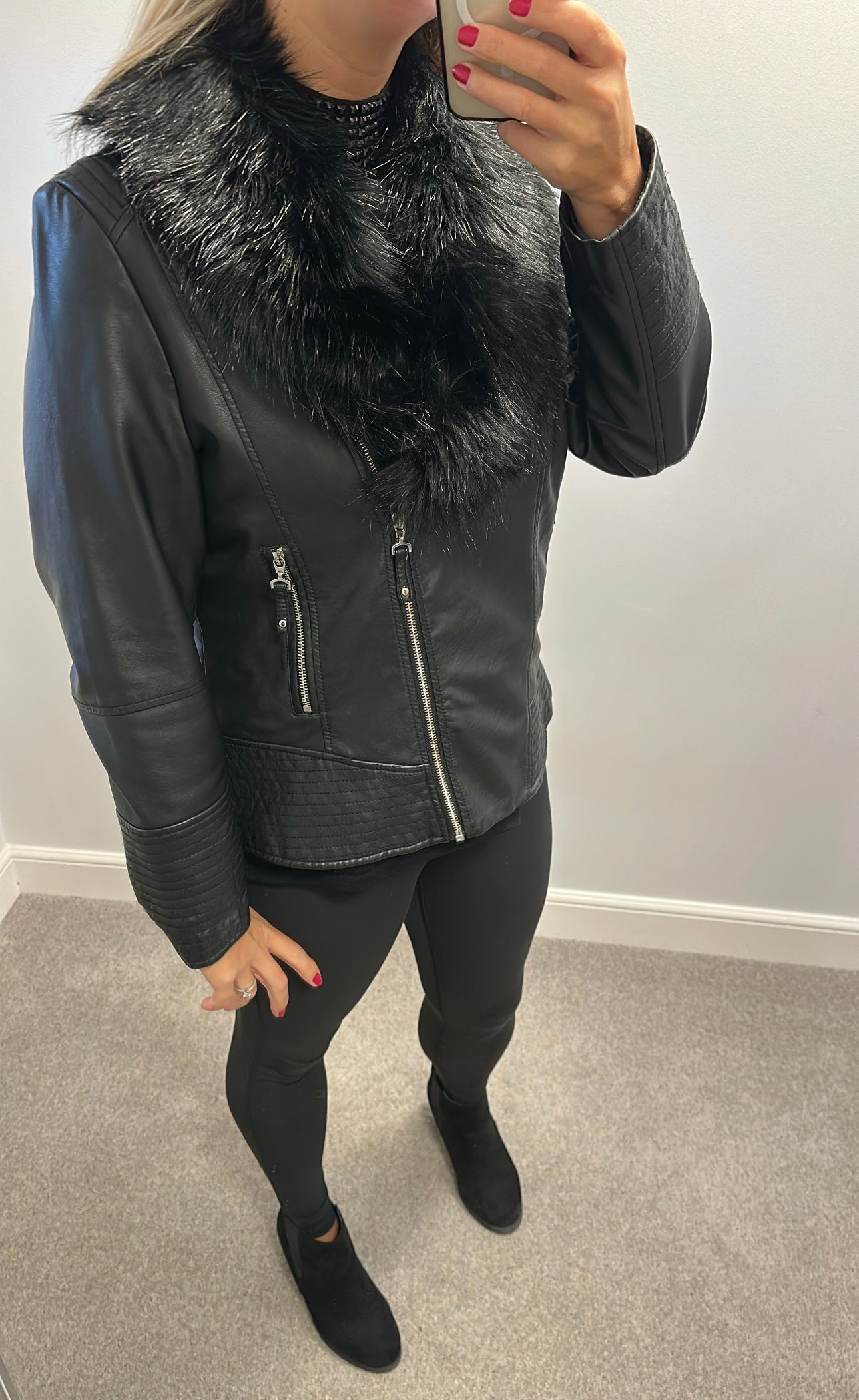 Wallis black leather style jacket with removable faux fur collar size 16 petite