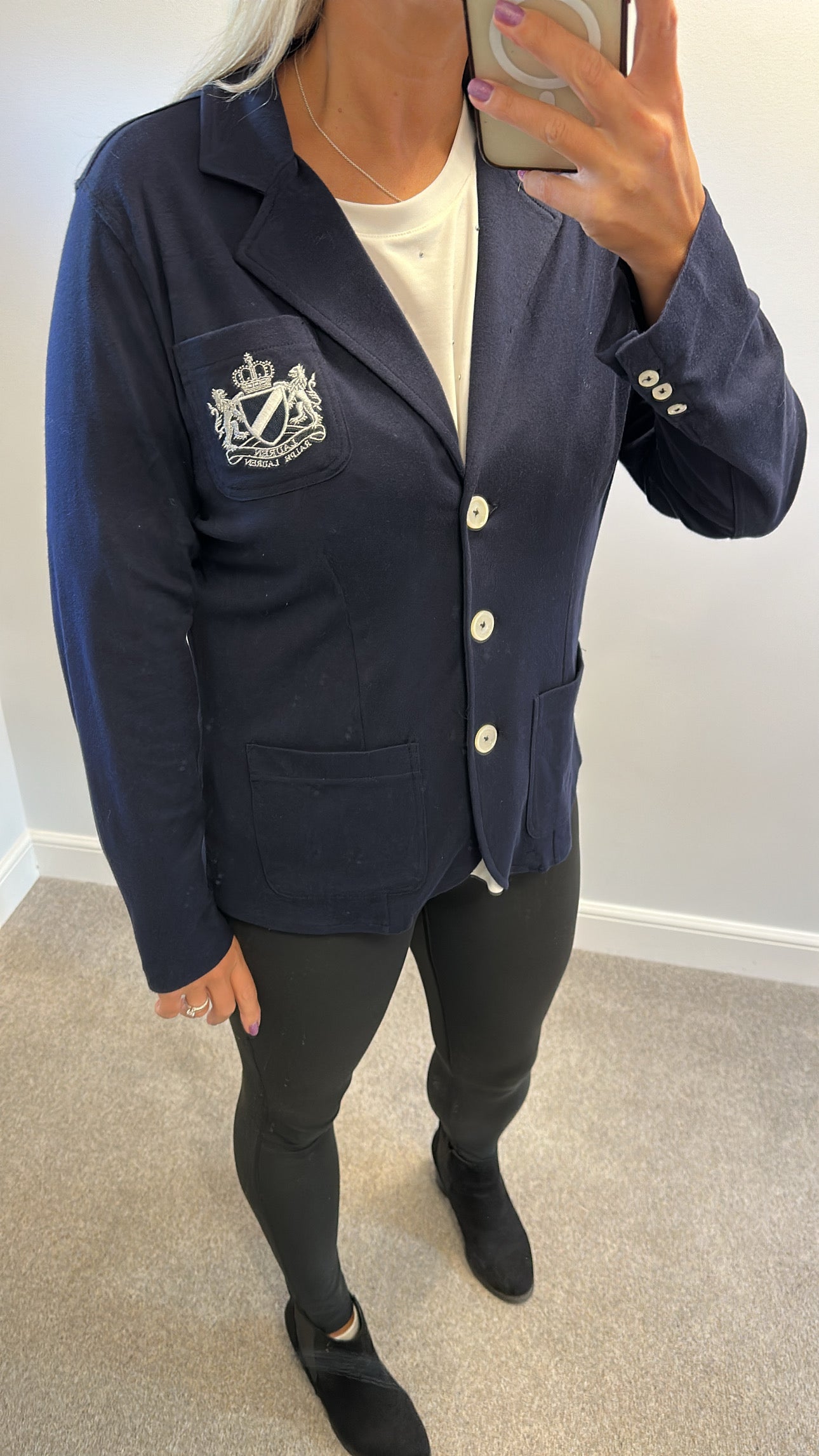 Ralph Lauren navy blazer size L would fit upto size 16