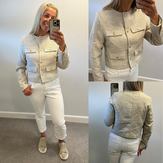 H&M light beige textured-weave jacket with gold buttons size M brand new with tags