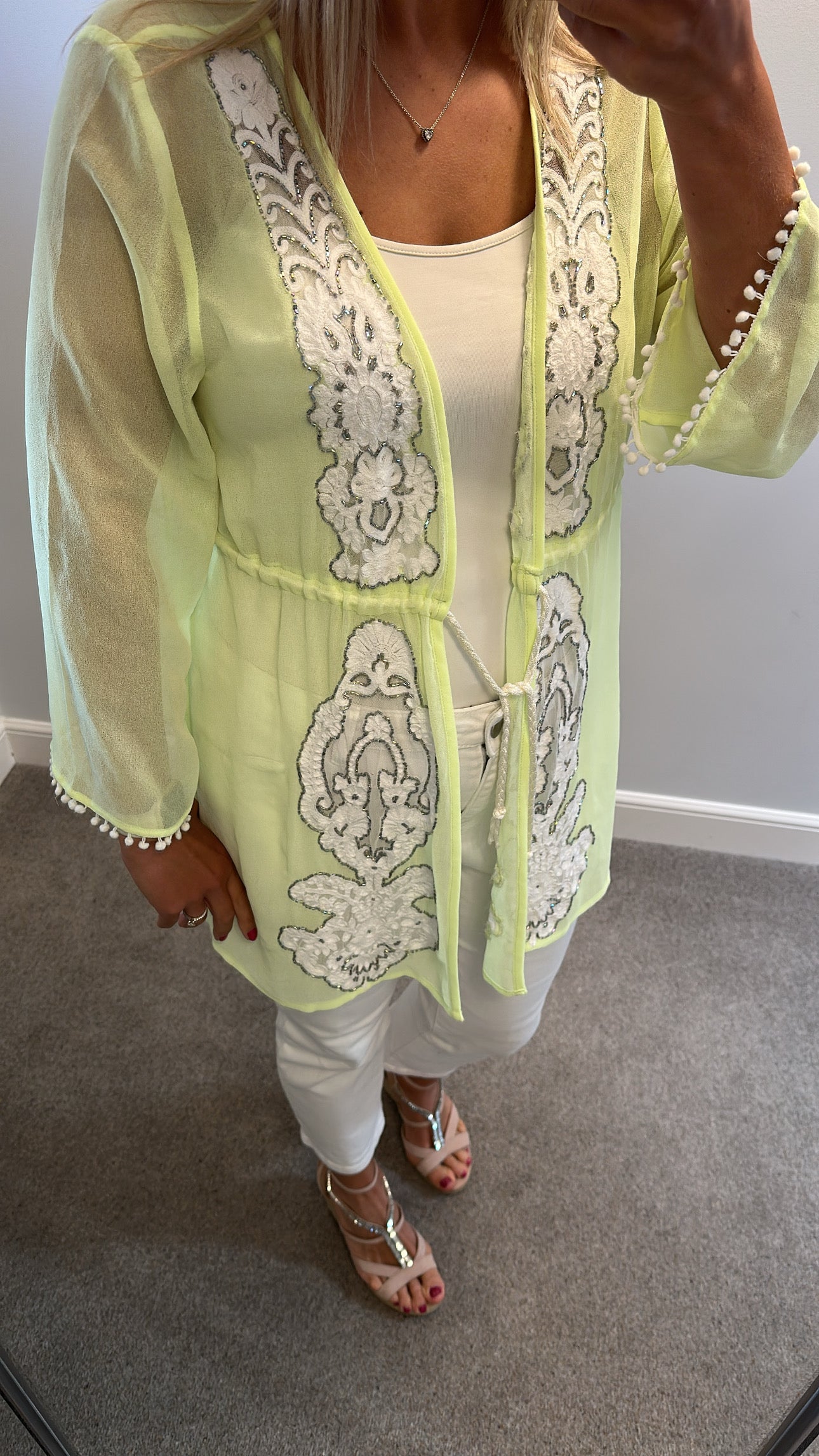 Lime green embellished kimono would fit upto size 18