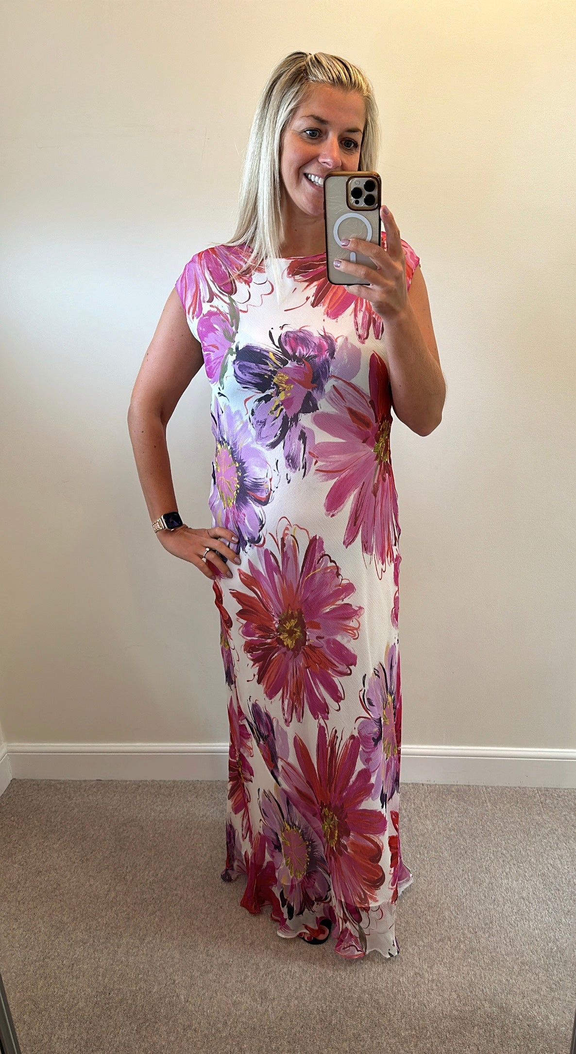 Floral silk dress would fit upto size 16