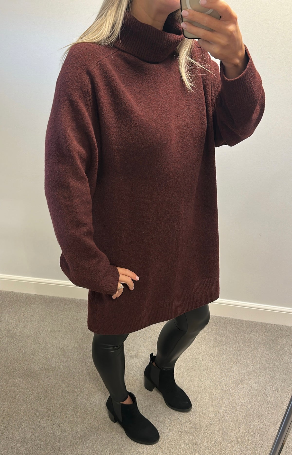F&F burgundy turtleneck wool knitted dress / jumper size L ( oversized would fit upto size 18) brand new without tags
