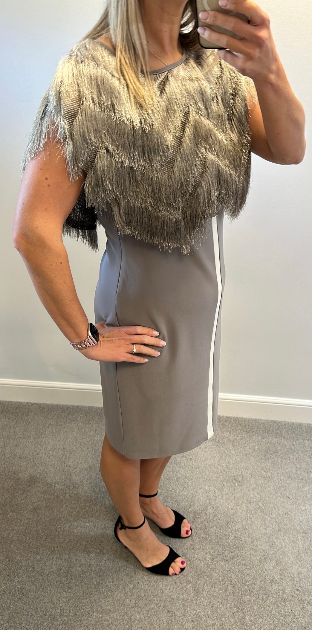 Frank Lyman taupe dress and fringed overlay capelet top size 14