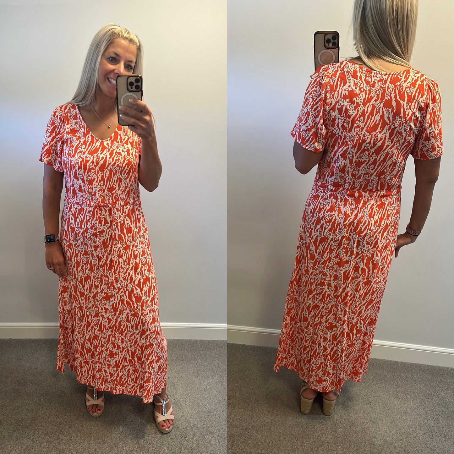 ICHI Orange print summer dress size 14