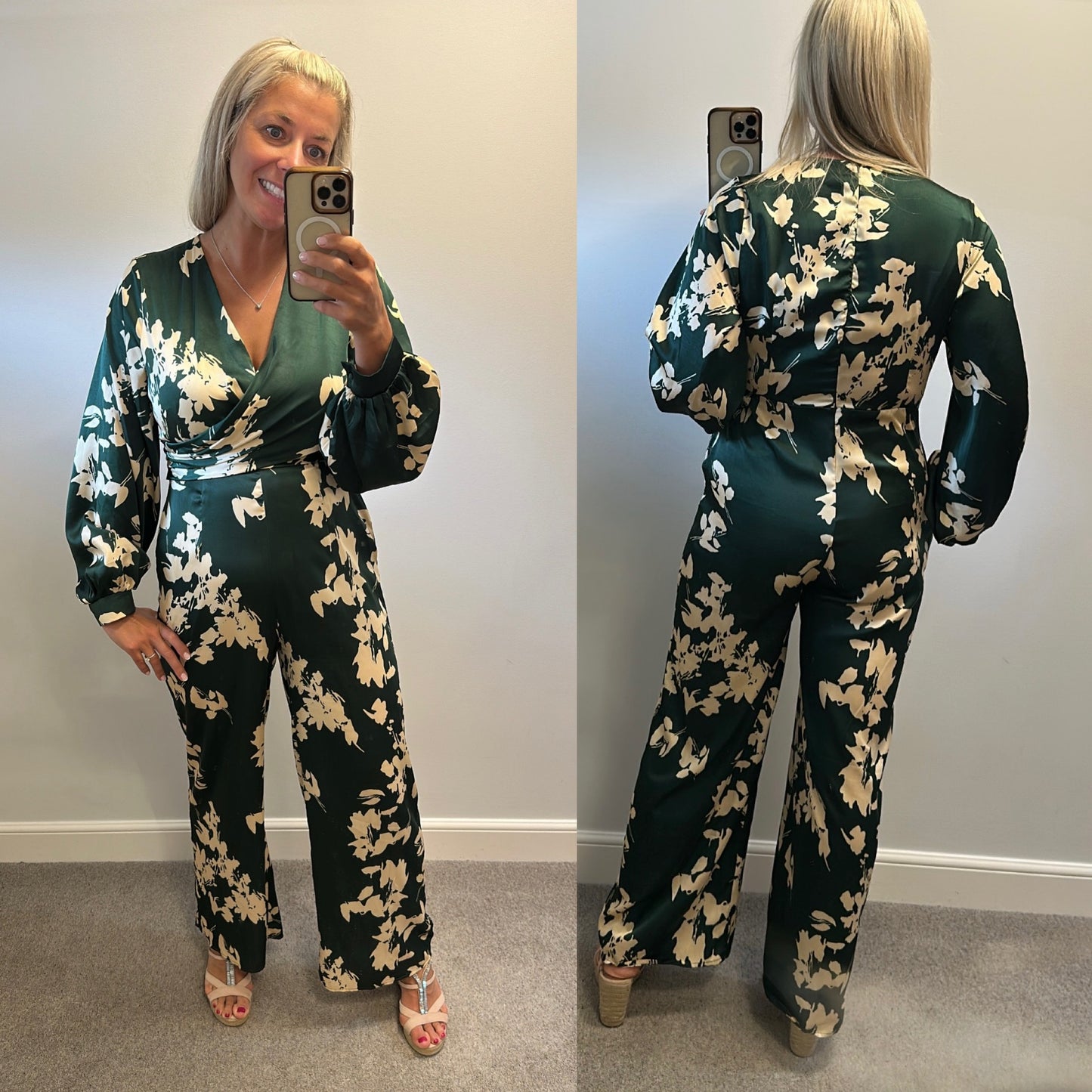 Girl in mind green floral silk style jumpsuit with pockets size 12
