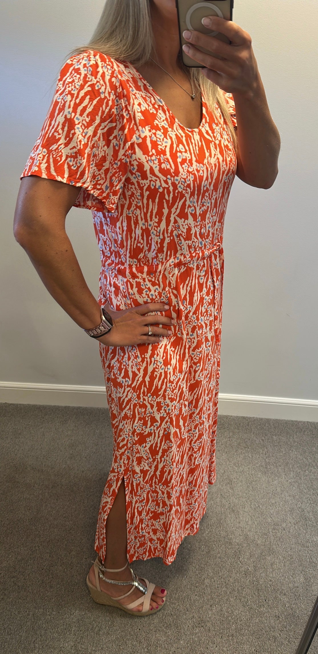 ICHI Orange print summer dress size 14