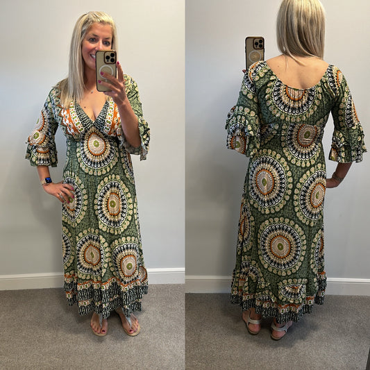 Green and orange print maxi dress one size fitting upto size 14