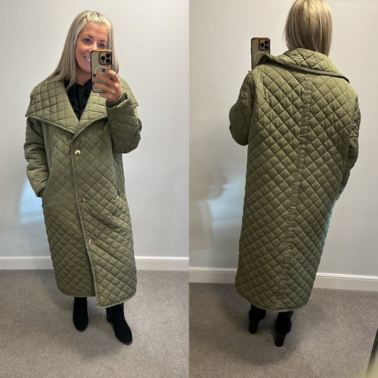 River island long khaki quilted jacket size 16