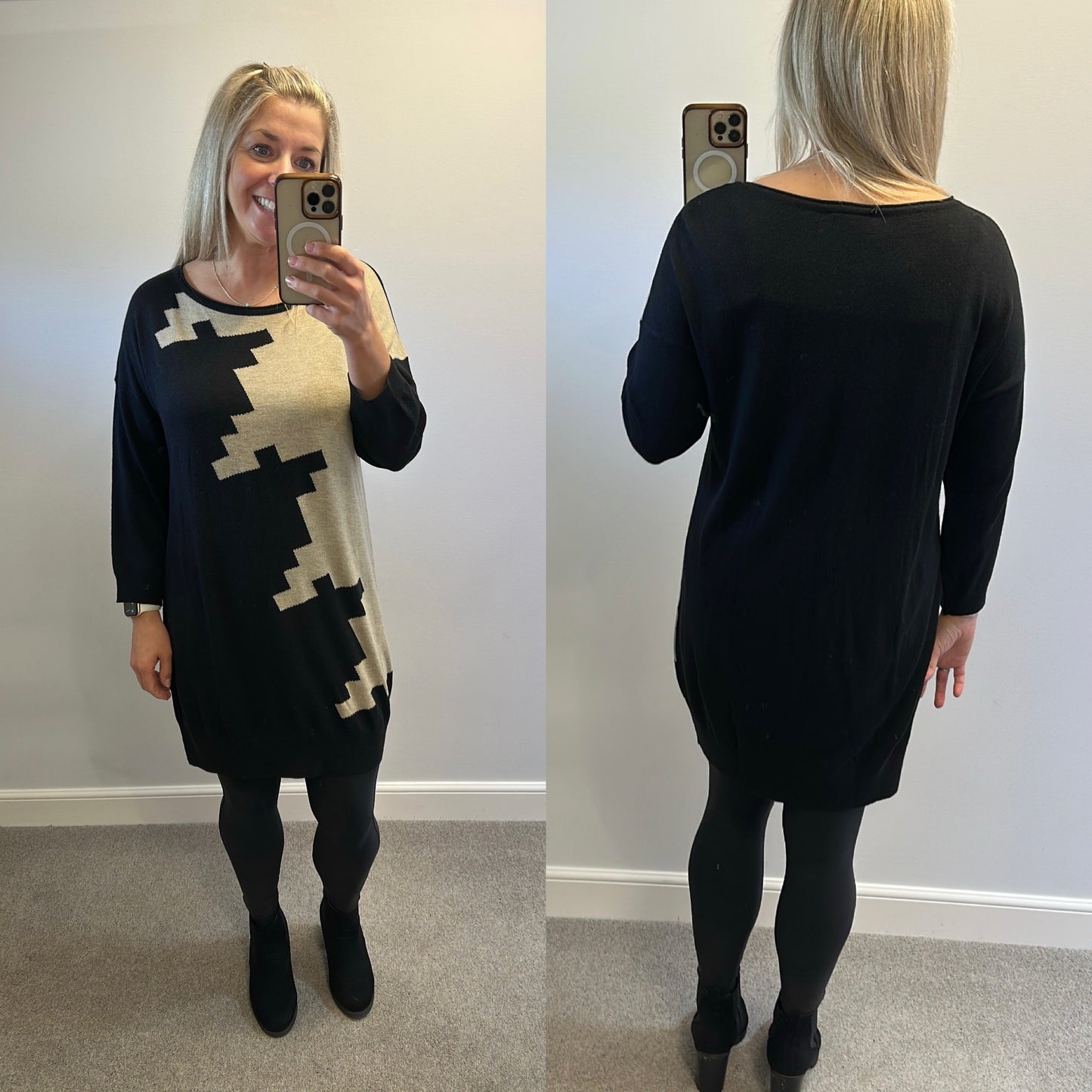 Wallis black and beige print knit dress size L would fit upto size 18