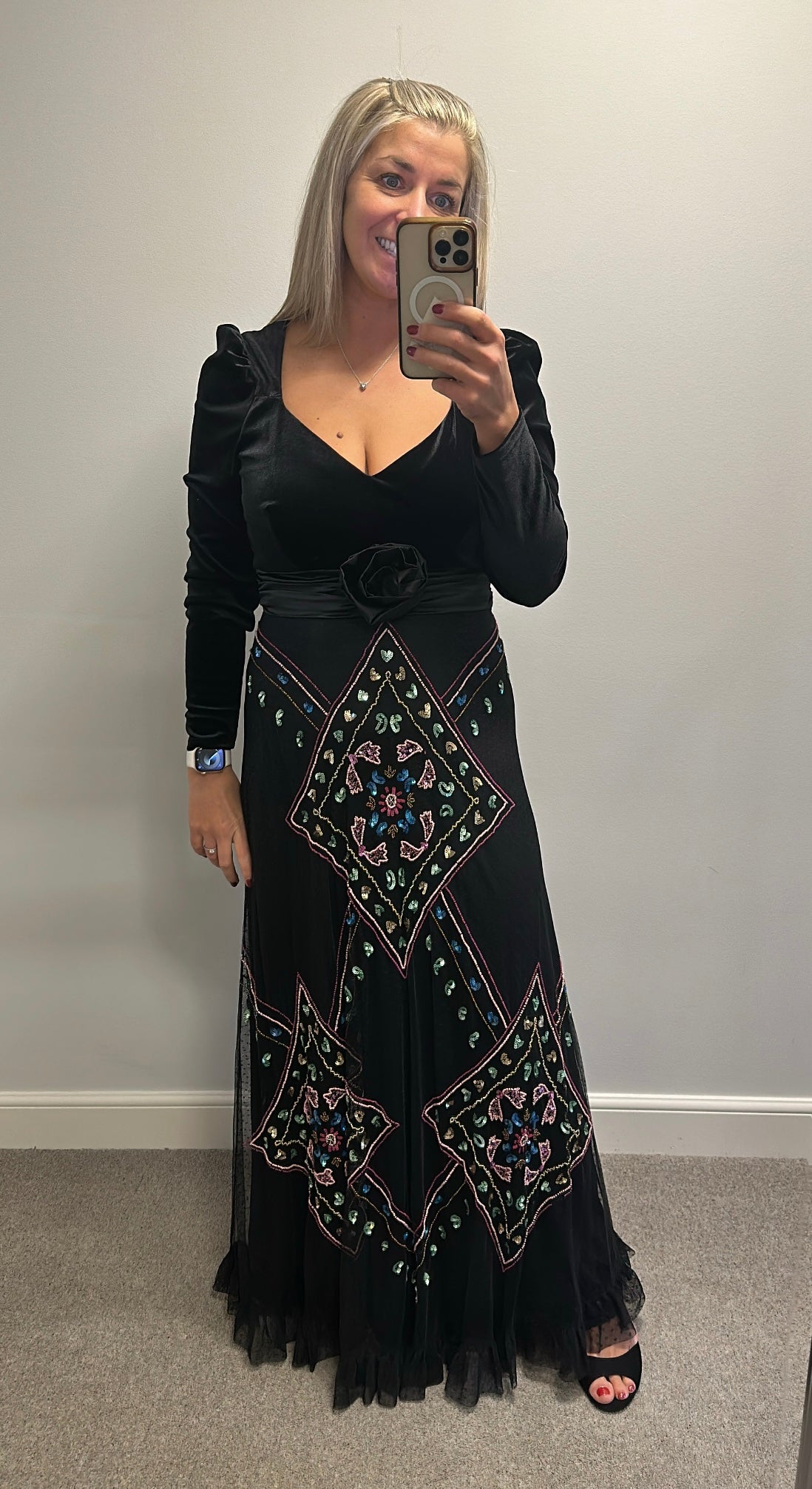 Monsoon black velvet embellished sequin sparkly dress size 14