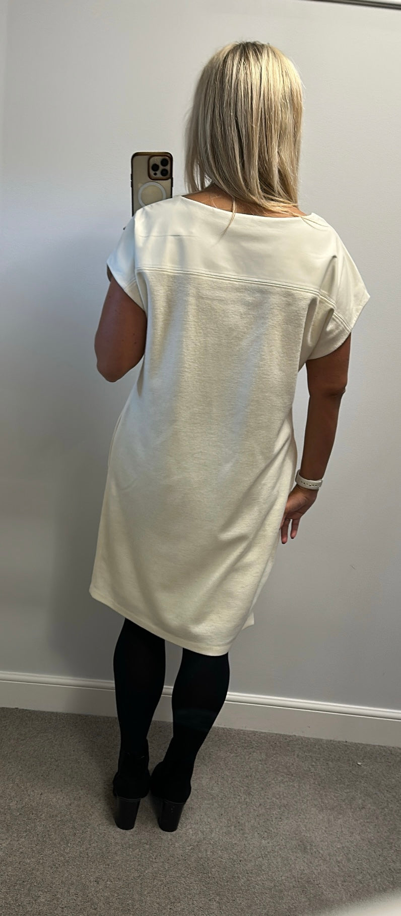 Ralph Lauren wool cream dress with pockets and leather upper trim size L would fit upto size 16