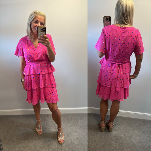 Girl in mind “Elaina” pink and multi colour polka dot foil print dress size 16 brand new with tags