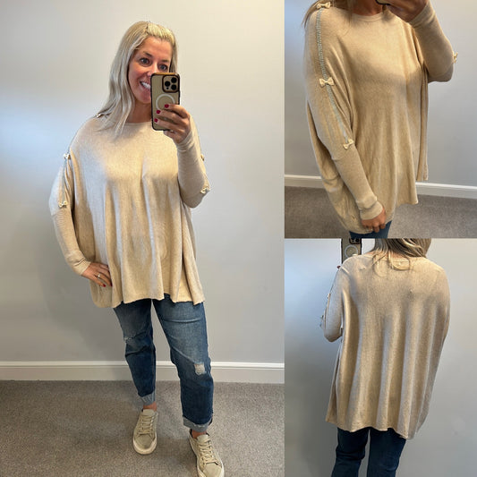 Nicole beige bow embellished sleeve jumper one size fitting upto size 22 brand new without tags