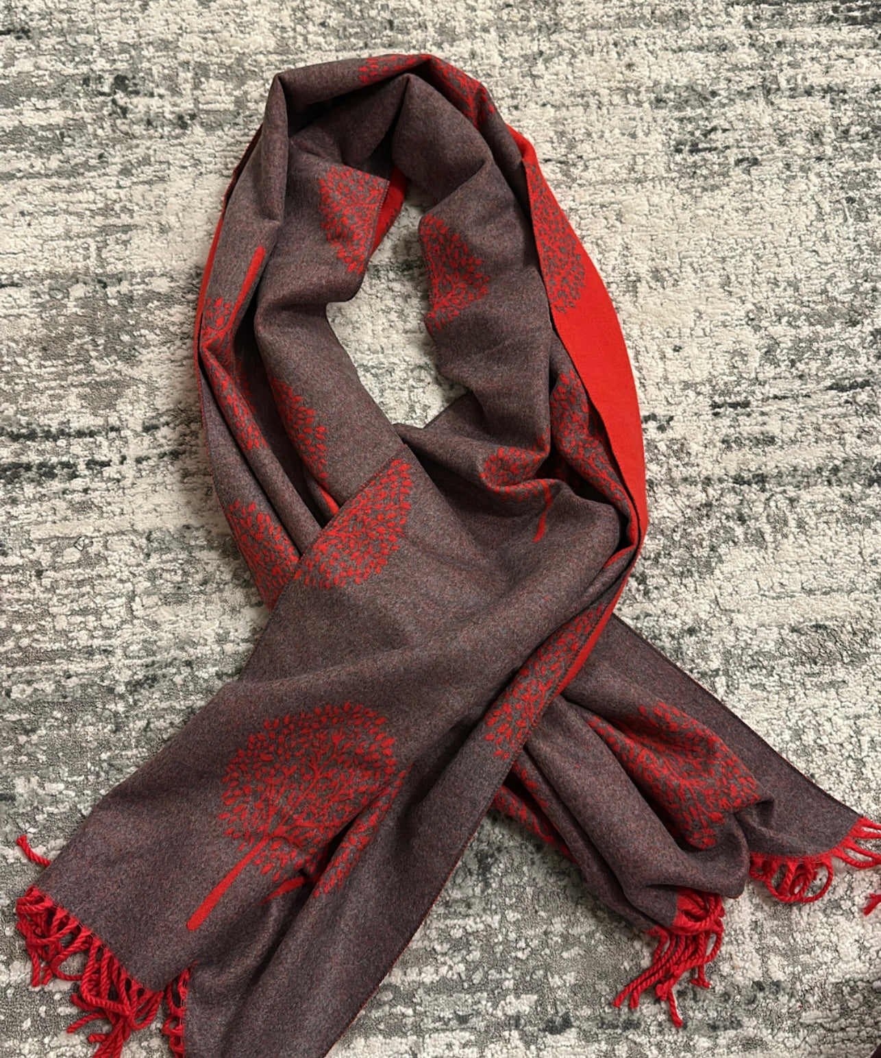 Red / grey wool reversible “tree of life” scarf