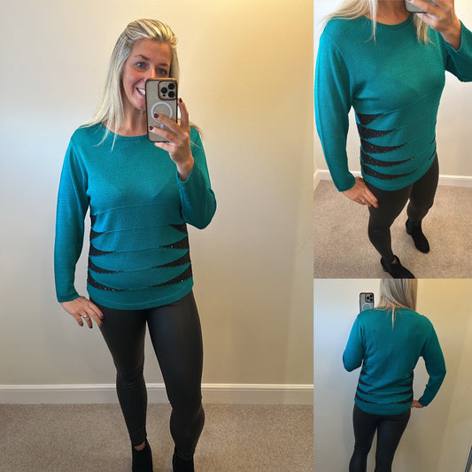 Emerald green sequin top would fit upto size 16