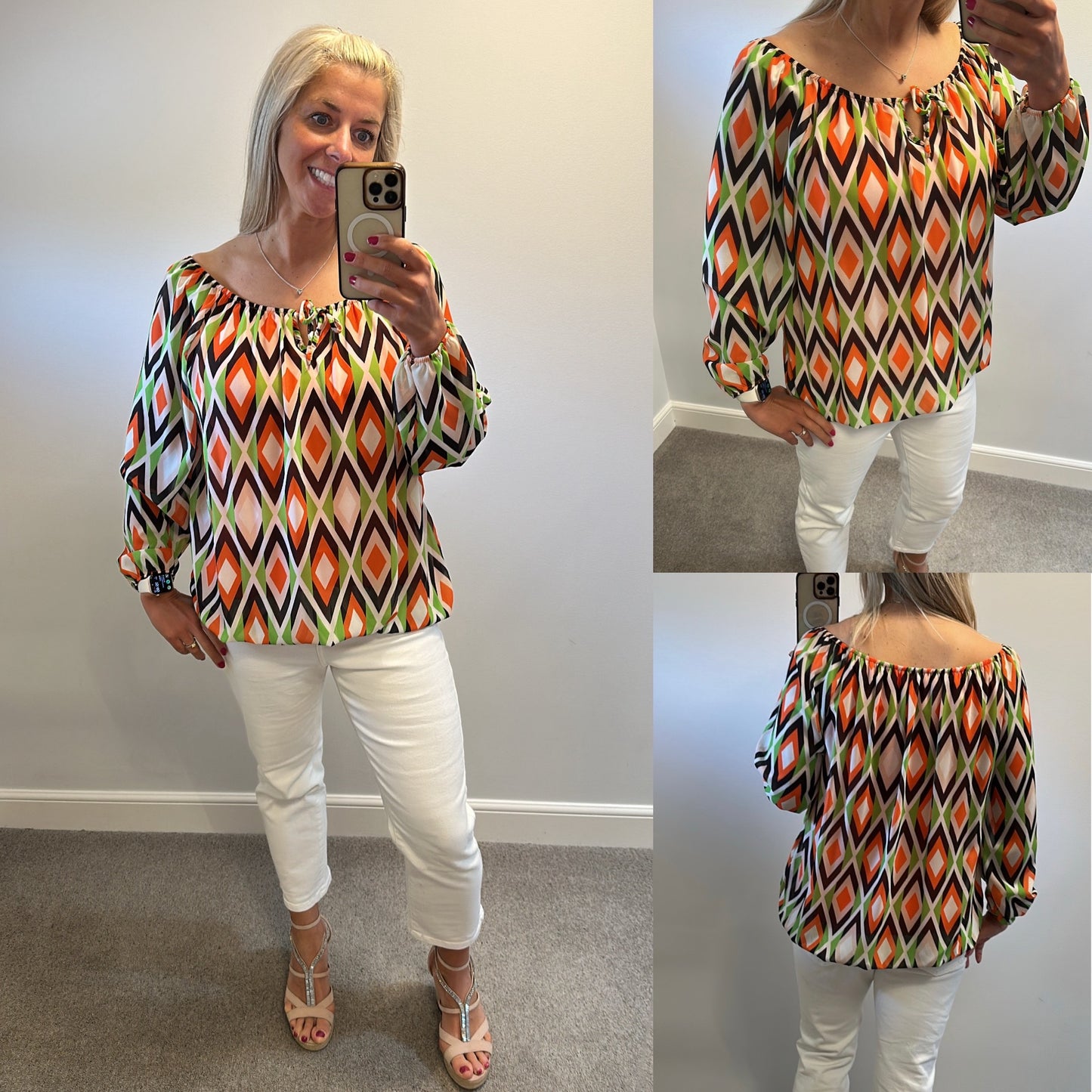 Multi print off the shoulder top one size fitting upto size 16