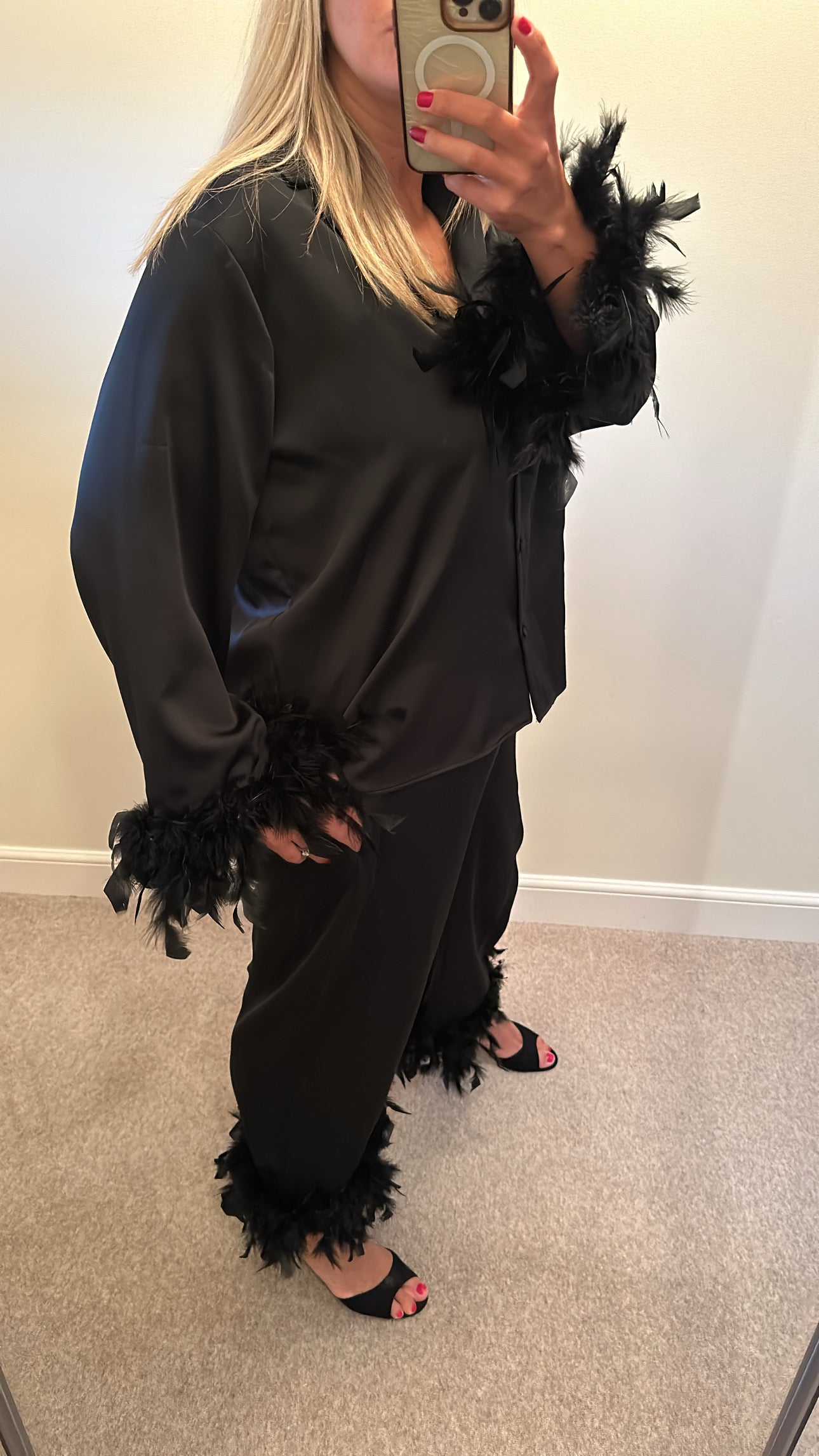 River island black feathered blouse and trousers both size 16 sold as set