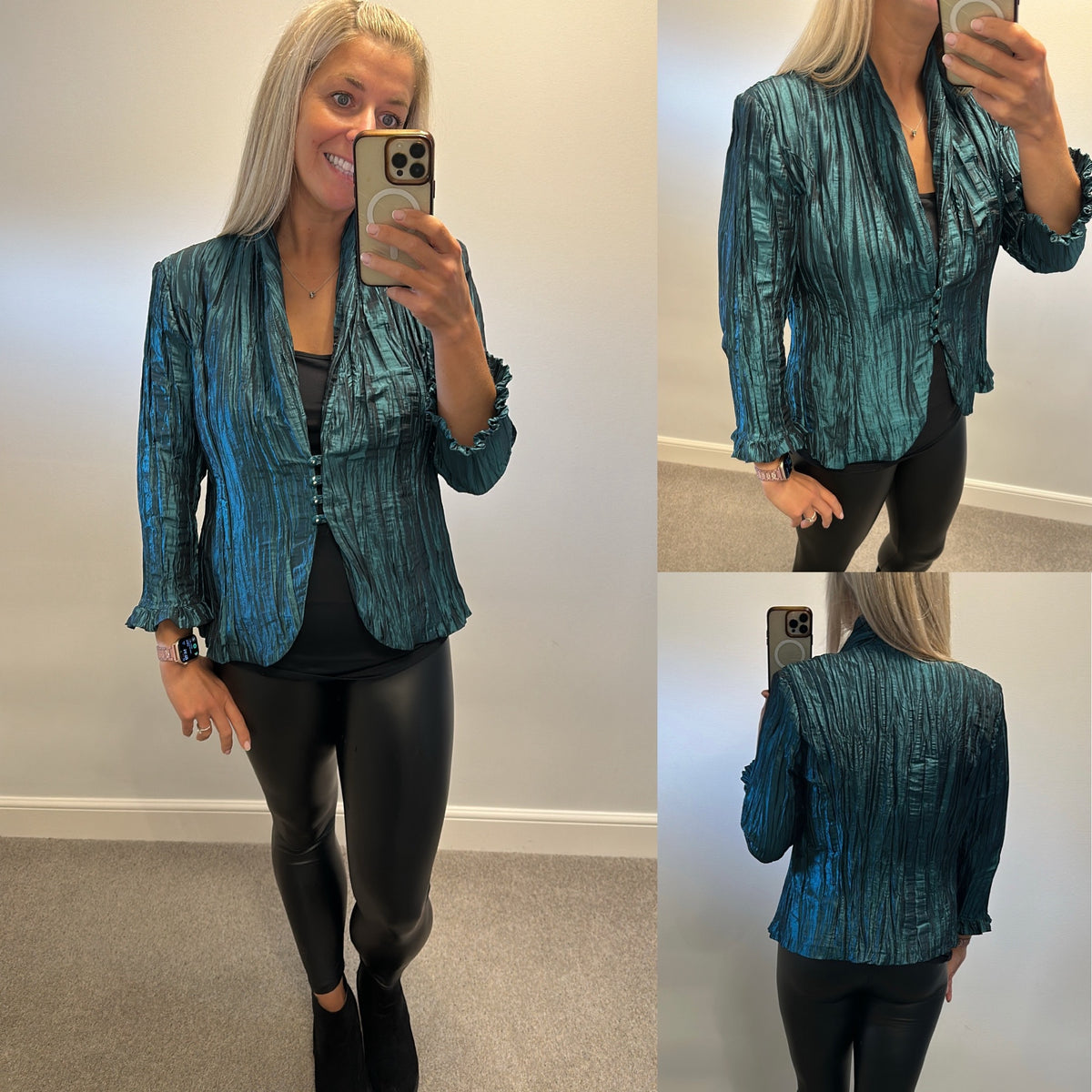Monaco collection vintage dark turquoise green crinkled jacket size 16