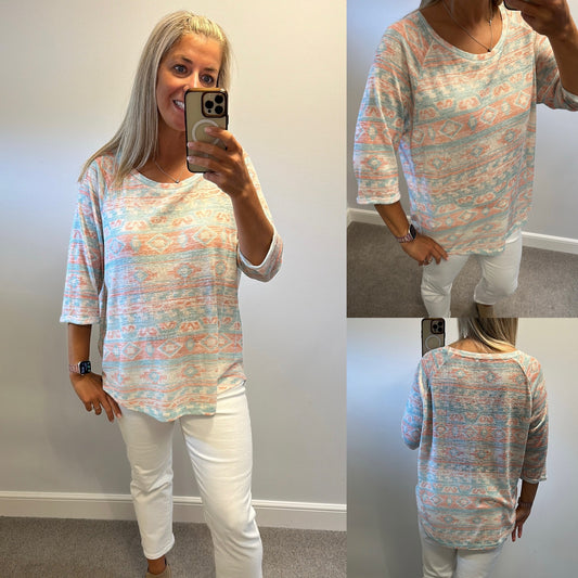 Fat face turquoise and orange print top size 18