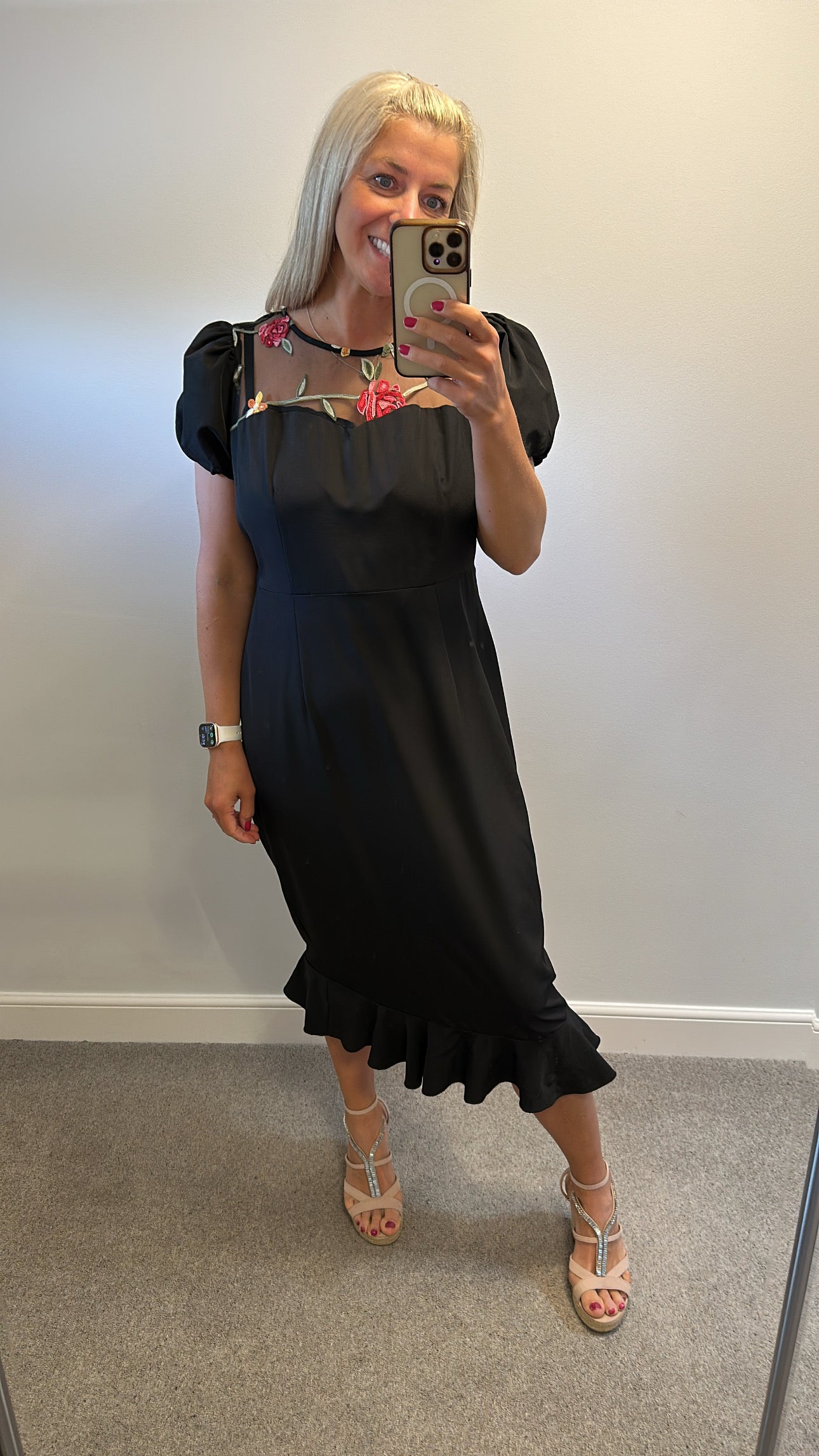 Black embroidered mesh midi dress with puff sleeves one size fitting upto size 16
