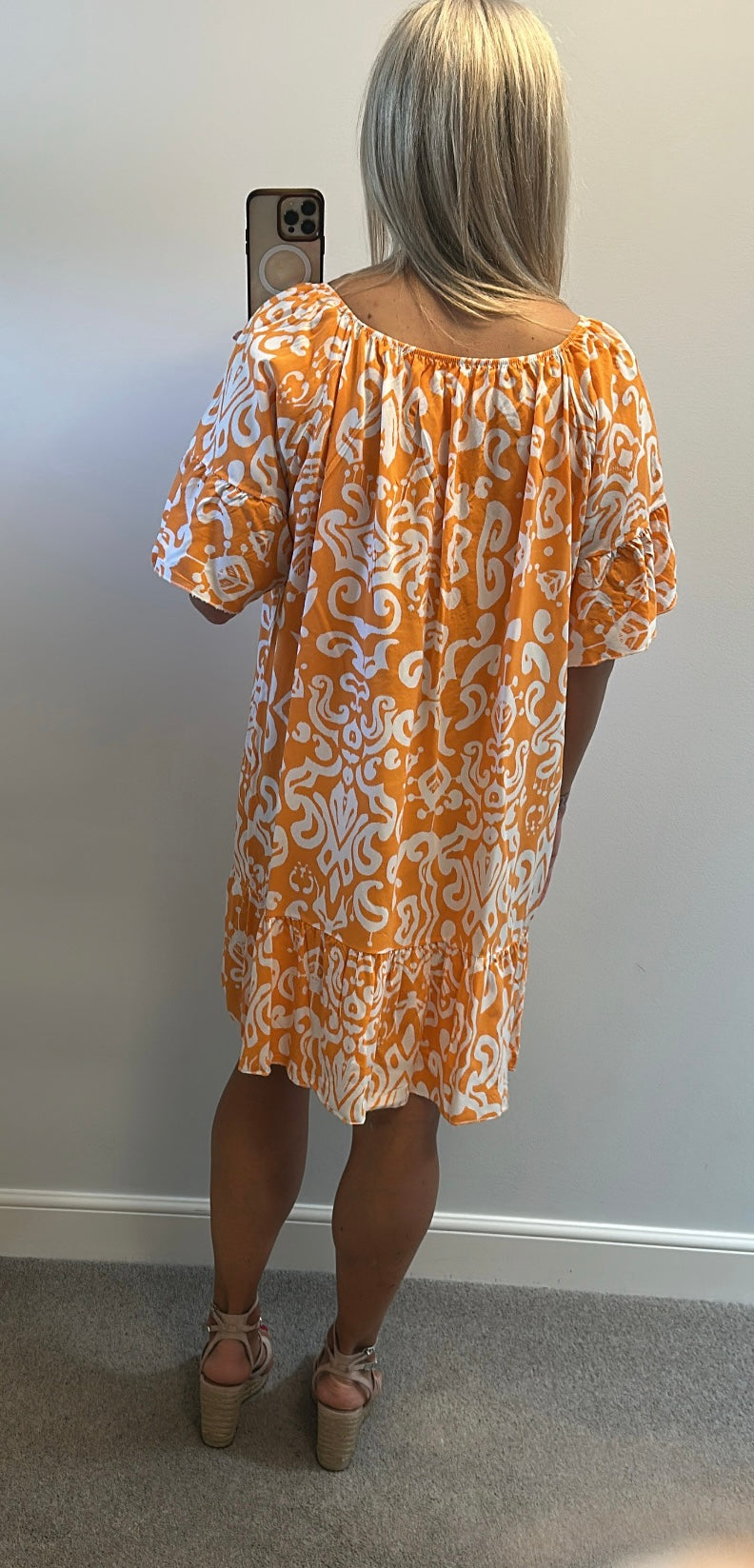 Spanish boutique Orange and white print summer dress one size fitting upto size 16