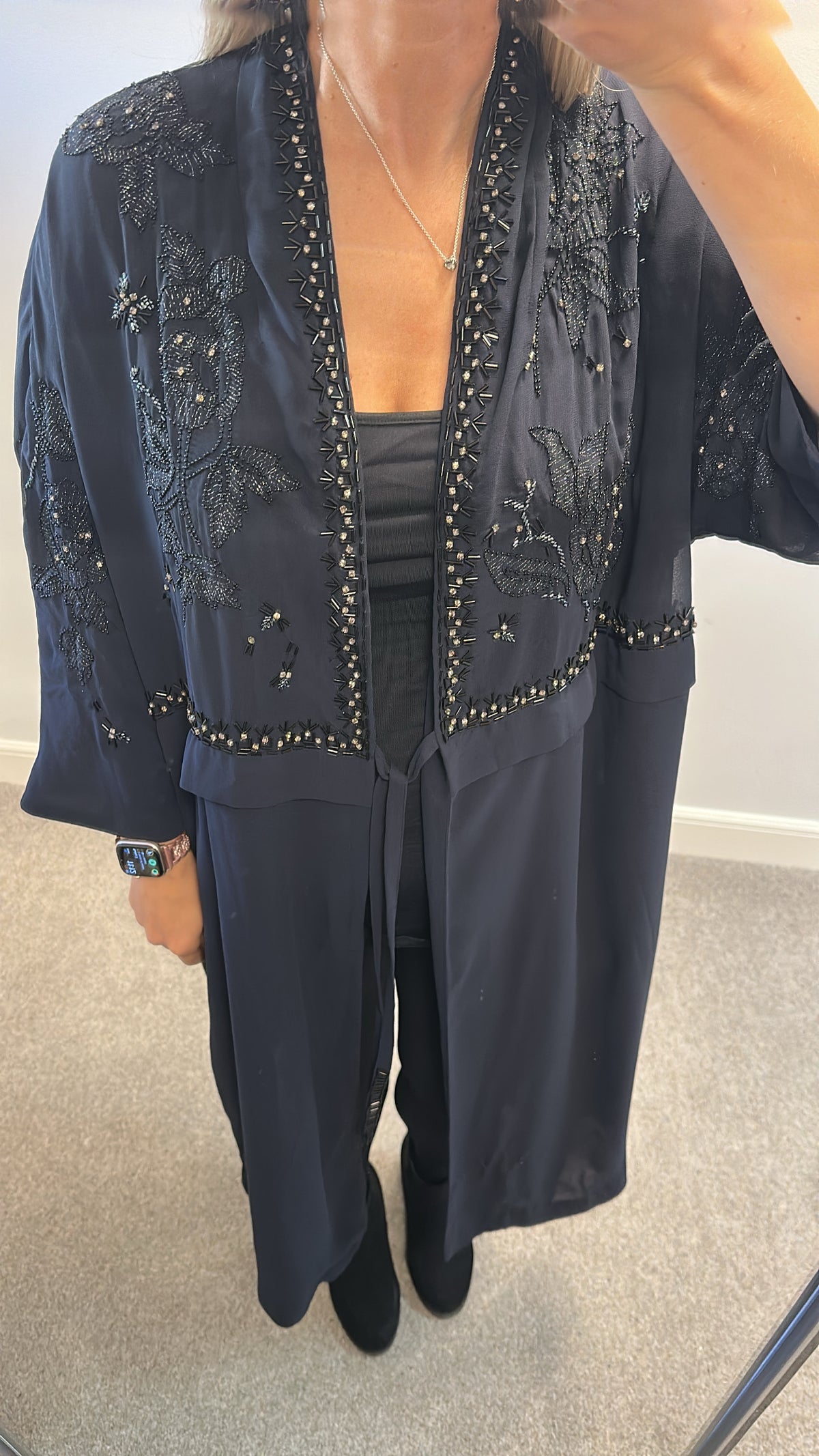 French Connection sheer navy embellished over coat size 12 (oversized would fit upto size 16)