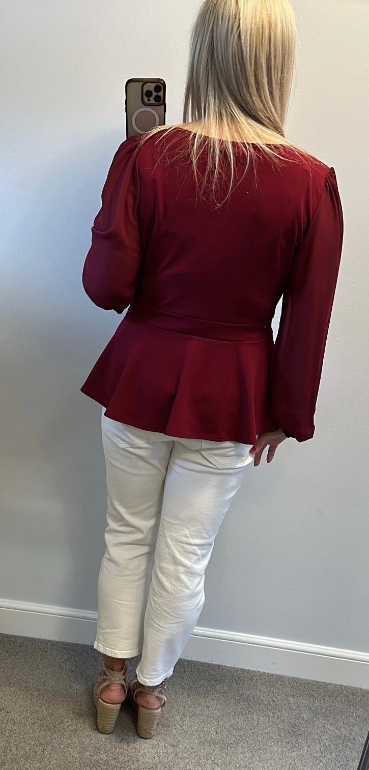 Quiz burgundy and gold buckle top size 16